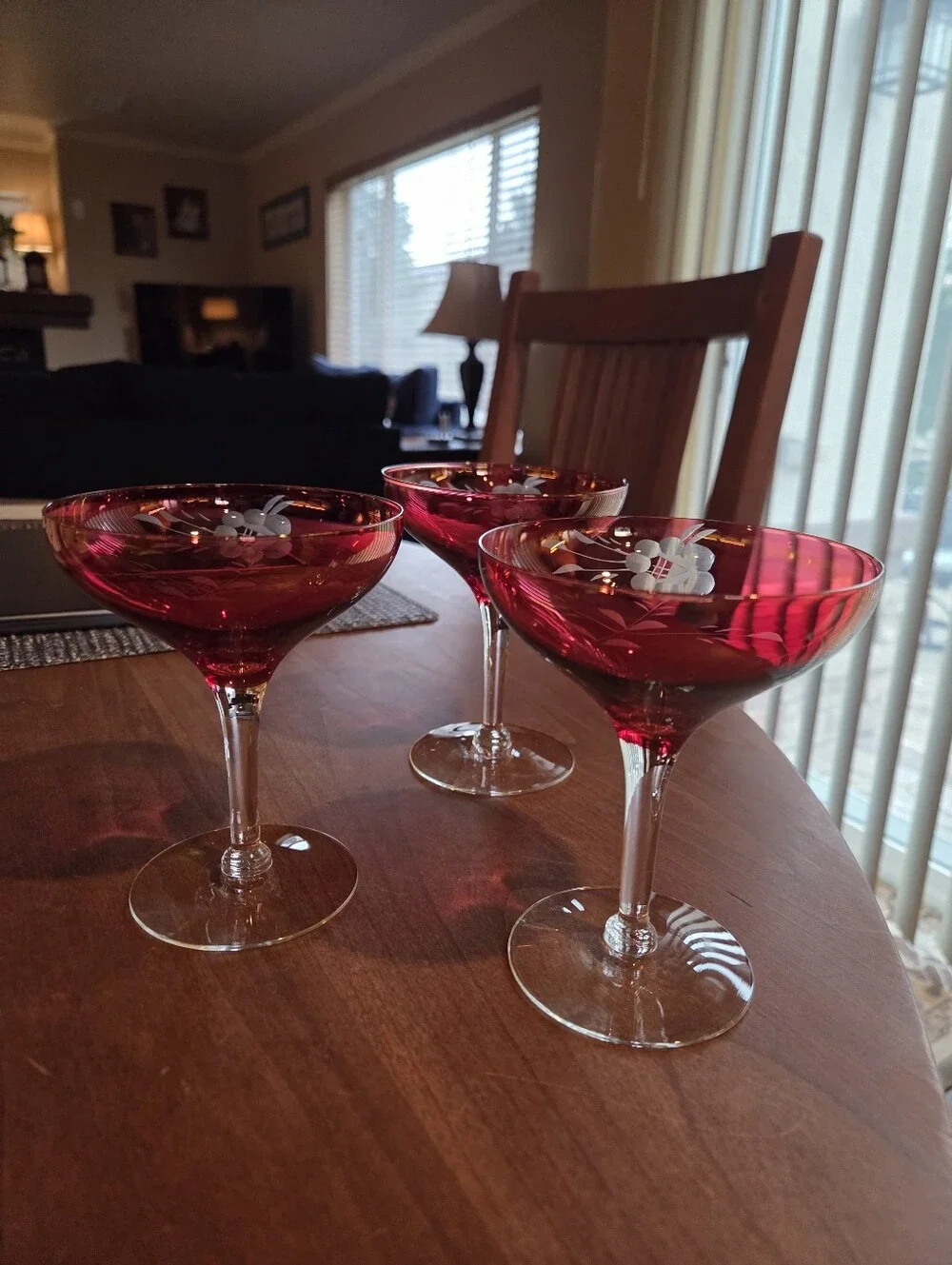 Vintage Cranberry Cut To Clear Bohemian Cutwork Coup Glasses (3)